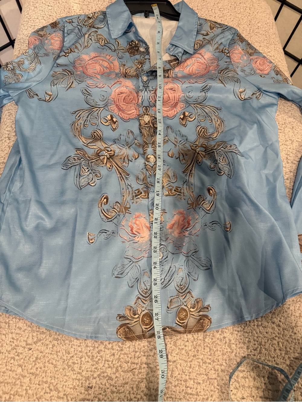 Light Blue Floral Button-Up Blouse with Pink Roses - Picture 6 of 6